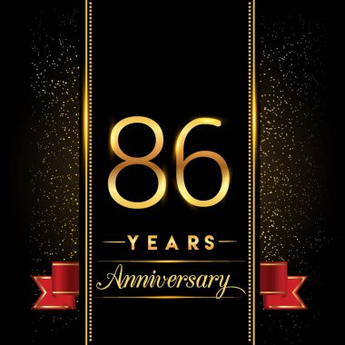 86 yıldönümü kutlama logo. yıldönümü logolu siyah arka plan, vektör tasarımı tebrik kartı ve davetiye için izole renkli konfeti altın