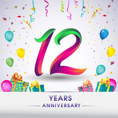 12 yıldönümü kutlama tasarım, hediye kutusu, balonlar ve konfeti, renkli vektör şablon öğeleri için senin, sekiz yıl Doğum günü kutlama partisi.