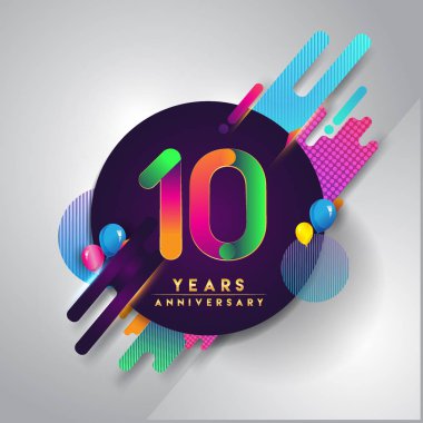 10 yıldönümü logosu ile renkli arka plan, tasarım şablonu öğeleri için davetiye ve afiş, Doğum günü kutlaması vektör
