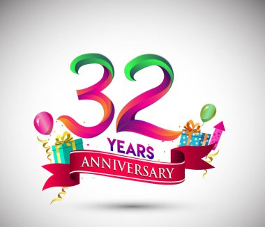 32 yıldönümü kutlama tasarımı için hediye kutusu ve balonlar, kırmızı kurdele, renkli vektör şablon öğeleri ile senin, doksan yedi yıl Doğum günü kutlama partisi.