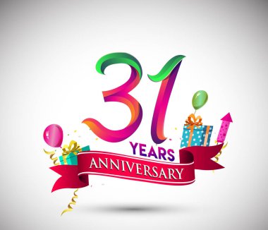31 yıldönümü kutlama tasarımı için hediye kutusu ve balonlar, kırmızı kurdele, renkli vektör şablon öğeleri ile senin, doksan yedi yıl Doğum günü kutlama partisi.