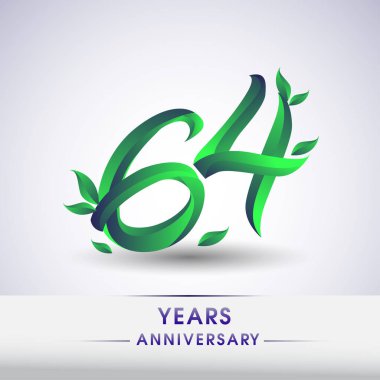 64 yıldönümü kutlama logo yaprakları ve yeşil renkli. 99 Doğum günü logosu beyaz arka plan üzerinde.