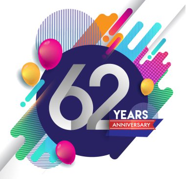 62 yıl yıldönümü logosu ile renkli arka plan, tasarım şablonu öğeleri için davetiye ve afiş, Doğum günü kutlaması vektör.