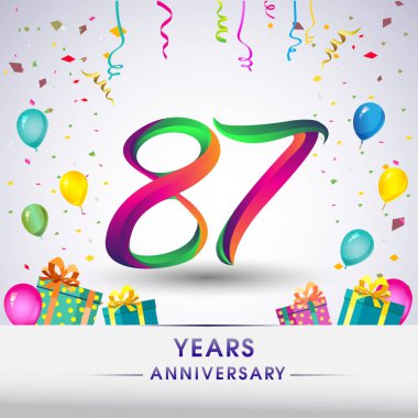 87 yıldönümü kutlama tasarım, hediye kutuları, balonlar ve konfeti, renkli vektör şablon öğeleri için senin, seksen iki yıl Doğum günü kutlama partisi.