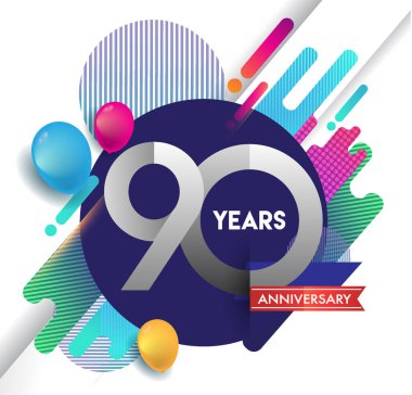 90 yıl yıldönümü logosu ile renkli arka plan, tasarım şablonu öğeleri için davetiye ve afiş, Doğum günü kutlaması vektör.