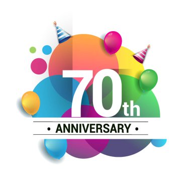 70 yıl yıldönümü logo, vektör tasarım Doğum günü kutlaması ile renkli geometrik, daireler ve beyaz arka plan üzerinde izole balonlar.