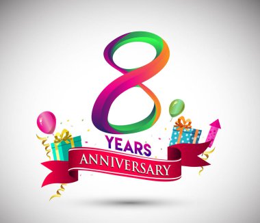 8 yıldönümü kutlama tasarımı için hediye kutusu ve balonlar, kırmızı kurdele, renkli vektör şablon öğeleri ile senin, doksan yedi yıl Doğum günü kutlama partisi.