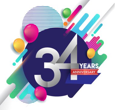 34 yıl yıldönümü logosu ile renkli arka plan, tasarım şablonu öğeleri için davetiye ve afiş, Doğum günü kutlaması vektör.