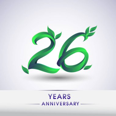 26 yıldönümü kutlama logo yaprakları ve yeşil renkli. 99 Doğum günü logosu beyaz arka plan üzerinde.