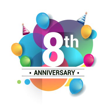 8 yıl yıldönümü logo, vektör tasarım Doğum günü kutlaması ile renkli geometrik, daireler ve beyaz arka plan üzerinde izole balonlar.