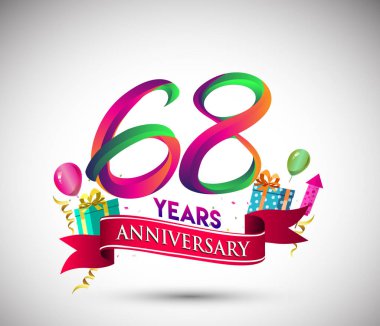 68 yıldönümü kutlama tasarımı için hediye kutusu ve balonlar, kırmızı kurdele, renkli vektör şablon öğeleri ile senin, doksan yedi yıl Doğum günü kutlama partisi.