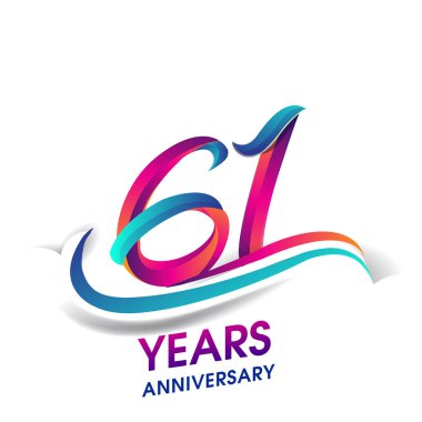 61 yıldönümü kutlama logo mavi ve kırmızı renkli. Doğum günü logosu beyaz arka plan üzerinde.
