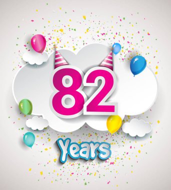 82 yıldönümü kutlama tasarım, bulutlar ve balon, konfeti ile. Vektör şablon öğeleri için senin, altmış sekiz yıl Doğum günü kutlama partisi.
