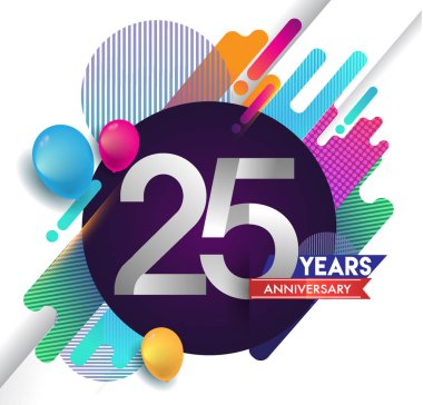 25 yıl yıldönümü logosu ile renkli arka plan, tasarım şablonu öğeleri için davetiye ve afiş, Doğum günü kutlaması vektör.