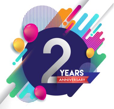 2 yıl yıldönümü logosu ile renkli arka plan, tasarım şablonu öğeleri için davetiye ve afiş, Doğum günü kutlaması vektör.