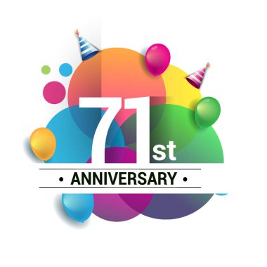 71 yıl yıldönümü logo, vektör tasarım Doğum günü kutlaması ile renkli geometrik, daireler ve beyaz arka plan üzerinde izole balonlar.