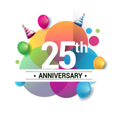 25 yıl yıldönümü logo, vektör tasarım Doğum günü kutlaması ile renkli geometrik, daireler ve beyaz arka plan üzerinde izole balonlar.