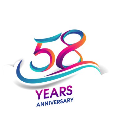 58 yıldönümü kutlama logo mavi ve kırmızı renkli. Doğum günü logosu beyaz arka plan üzerinde.