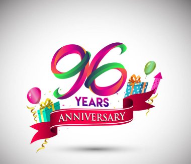 96 yıldönümü kutlama tasarımı için hediye kutusu ve balonlar, kırmızı kurdele, renkli vektör şablon öğeleri ile senin, doksan yedi yıl Doğum günü kutlama partisi.