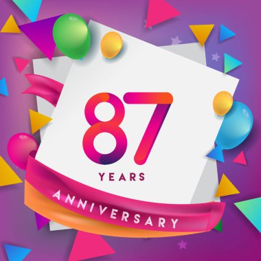 87 yıl yıldönümü kutlama tasarım, balonlar ve şerit, renkli tasarım öğeleri için afiş, davetiye, tebrik kartı, altmış üç Doğum günü kutlama partisi.