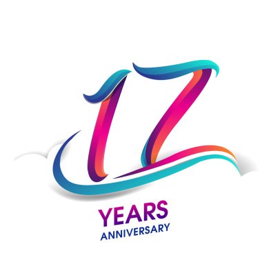 17 yıldönümü kutlama logo mavi ve kırmızı renkli. Doğum günü logosu beyaz arka plan üzerinde.