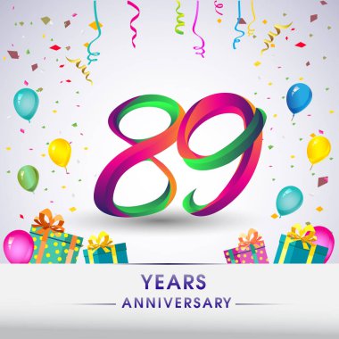 89 yıldönümü kutlama tasarım, hediye kutuları, balonlar ve konfeti, renkli vektör şablon öğeleri için senin, seksen iki yıl Doğum günü kutlama partisi.