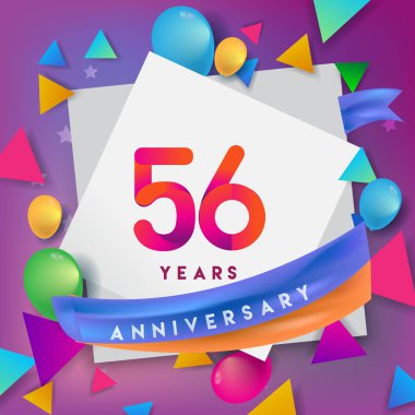 56 yıl yıldönümü kutlama tasarım, balonlar ve şerit, renkli tasarım öğeleri için afiş, davetiye, tebrik kartı, altmış üç Doğum günü kutlama partisi.