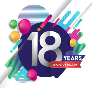 18 yıl yıldönümü logosu ile renkli arka plan, tasarım şablonu öğeleri için davetiye ve afiş, Doğum günü kutlaması vektör.