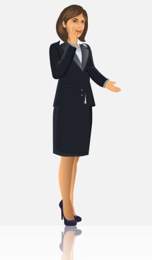 İş pozisyonu veya sunuyu pozlar, vektör çizim ayakta ile siyah elbiseli kadını