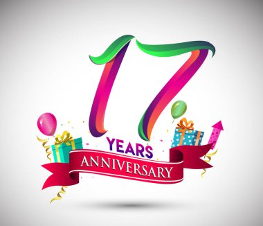 17 yıldönümü kutlama tasarımı için hediye kutusu ve balonlar, kırmızı kurdele, renkli vektör şablon öğeleri ile senin, doksan yedi yıl Doğum günü kutlama partisi.