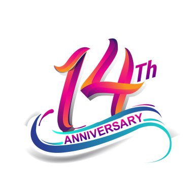 14 yıldönümü kutlama logo mavi ve kırmızı renkli. doksan dokuz yıl Doğum günü logosu beyaz arka plan üzerinde.