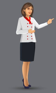 Şef kadın illüstrasyon karikatür figürü kadın şef bir menü ve gıda, broşür, afiş ve web tasarım öğeleri sundu.