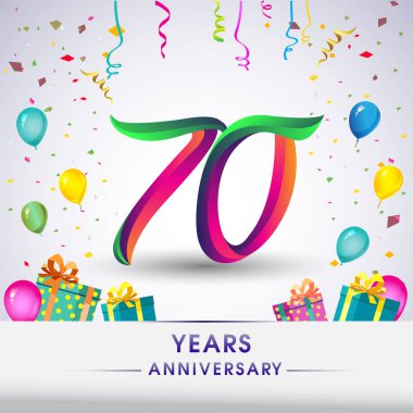 70 yıldönümü kutlama tasarım, hediye kutusu, balonlar ve konfeti, renkli vektör şablon öğeleri için senin, sekiz yıl Doğum günü kutlama partisi.