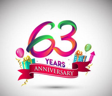 63 yıldönümü kutlama tasarımı için hediye kutusu ve balonlar, kırmızı kurdele, renkli vektör şablon öğeleri ile senin, doksan yedi yıl Doğum günü kutlama partisi.
