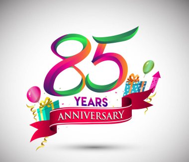 85 yıldönümü kutlama tasarımı için hediye kutusu ve balonlar, kırmızı kurdele, renkli vektör şablon öğeleri ile senin, doksan yedi yıl Doğum günü kutlama partisi.