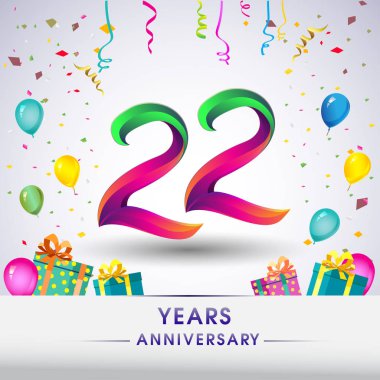 22 yıldönümü kutlama tasarım, hediye kutusu, balonlar ve konfeti, renkli vektör şablon öğeleri için senin, sekiz yıl Doğum günü kutlama partisi.