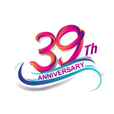39 yıldönümü kutlama logo mavi ve kırmızı renkli. doksan dokuz yıl Doğum günü logosu beyaz arka plan üzerinde.
