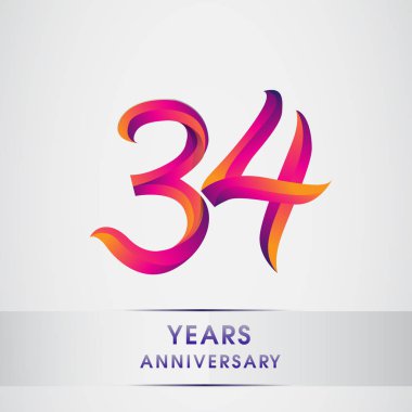 34 yıl yıldönümü kutlama logo renkli tasarım, Doğum günü logosu beyaz arka plan üzerinde