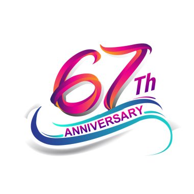 67 yıldönümü kutlama logo mavi ve kırmızı renkli. doksan dokuz yıl Doğum günü logosu beyaz arka plan üzerinde.