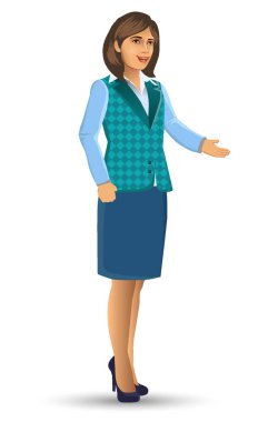 Öğretmen veya öğretim poz sunuda, kadın öğretmen karikatür figürü sundu, dersler, eğitim, sınıf vektör çizim