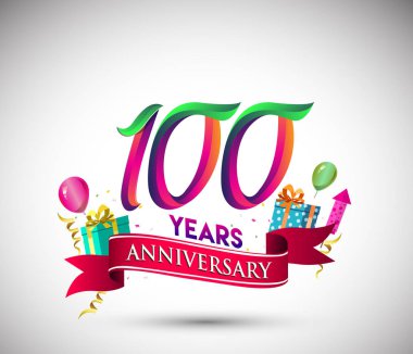 100 yıldönümü kutlama tasarımı için hediye kutusu ve balonlar, kırmızı kurdele, renkli vektör şablon öğeleri ile senin, doksan yedi yıl Doğum günü kutlama partisi.