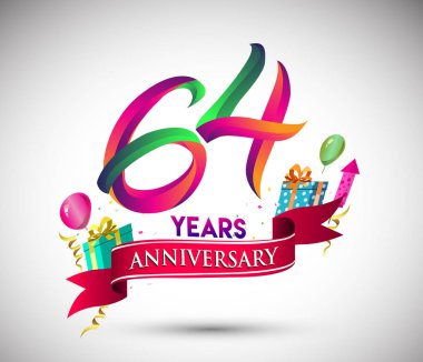 64 yıldönümü kutlama tasarımı için hediye kutusu ve balonlar, kırmızı kurdele, renkli vektör şablon öğeleri ile senin, doksan yedi yıl Doğum günü kutlama partisi.