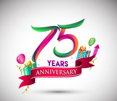75 yıldönümü kutlama tasarımı için hediye kutusu ve balonlar, kırmızı kurdele, renkli vektör şablon öğeleri ile senin, doksan yedi yıl Doğum günü kutlama partisi.
