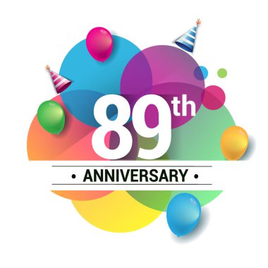 89 yıl yıldönümü logo, vektör tasarım Doğum günü kutlaması ile renkli geometrik, daireler ve beyaz arka plan üzerinde izole balonlar.