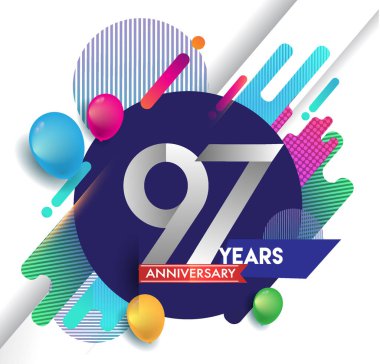 97 yıl yıldönümü logosu ile renkli arka plan, tasarım şablonu öğeleri için davetiye ve afiş, Doğum günü kutlaması vektör.