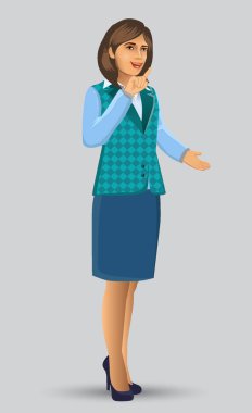 Öğretmen veya öğretim poz sunuda, kadın öğretmen karikatür figürü sundu, dersler, eğitim, sınıf vektör çizim