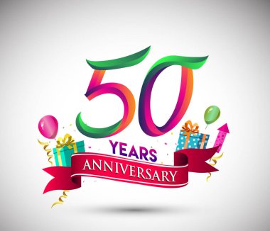 50 yıldönümü kutlama tasarımı için hediye kutusu ve balonlar, kırmızı kurdele, renkli vektör şablon öğeleri ile senin, doksan yedi yıl Doğum günü kutlama partisi.