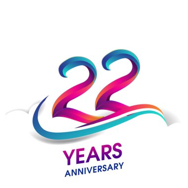 22 yıldönümü kutlama logo mavi ve kırmızı renkli. Doğum günü logosu beyaz arka plan üzerinde.