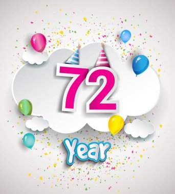 72 yıldönümü kutlama tasarım, bulutlar ve balon, konfeti ile. Vektör şablon öğeleri için senin, altmış sekiz yıl Doğum günü kutlama partisi.