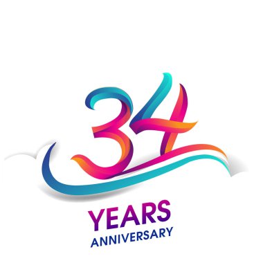 34 yıldönümü kutlama logo mavi ve kırmızı renkli. Doğum günü logosu beyaz arka plan üzerinde.